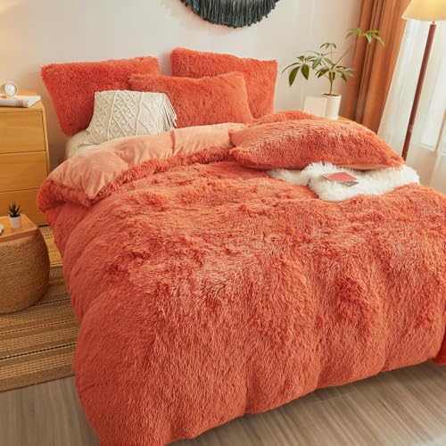 Fluffy Faux Fur Terracotta Comforter Cover King Set – Plush Fluffy Terracotta Bedding 3-Piece Set (1 Duvet Cover + 2 Furry Pillow Shams) Cozy Bed Set