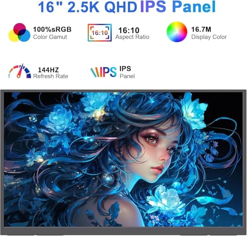 Image of 16 inch 2.5K 144Hz Portable Gaming Monitor 16:10 HDR Eye Careful,100% sRGB QHD2560x1600 Ultra-clear IPS Portable Monitor for Laptop with Built-in Speakers,External Second Screen for PC Phone Game Console