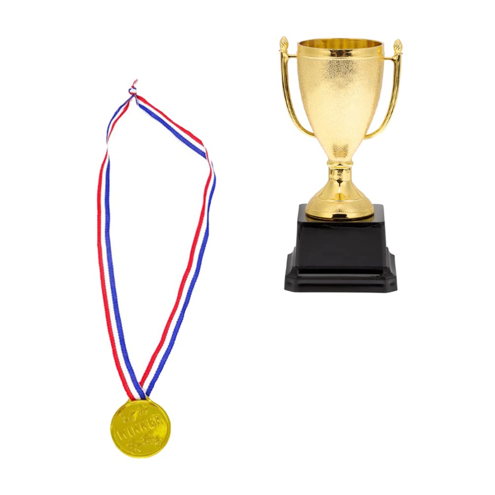 Sosoport Mini Trophies and Awards Set Gold Trophy Cup and Shiny Golden Winner Medals for Kids and Adults Sports Party Favors