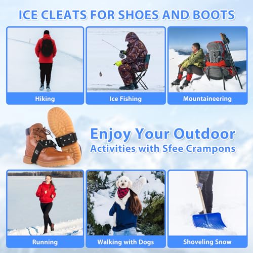 Sfee 2 Pairs Crampons Ice Cleats, Easily Rotate Anti-Slip Ice Grippers Ice Cleats for Shoes and Boots with Tungsten Studs Traction Cleats for Snow and Ice with Adjustable Straps for Indoor/Outdoor