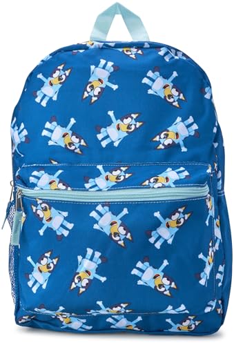 Fast Forward Bluey Kids Backpack - 16 Inch Bookbag Elementary Backpack for School Girls & Boys with Adjustable Padded Straps, Bluey Blue/Aop