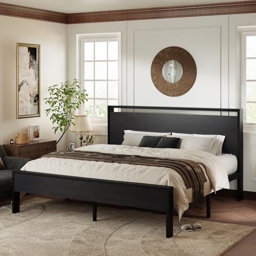 Image of Allewie King Size Bed Frame, Heavy Duty 12 Metal Slats Support, Black Oak