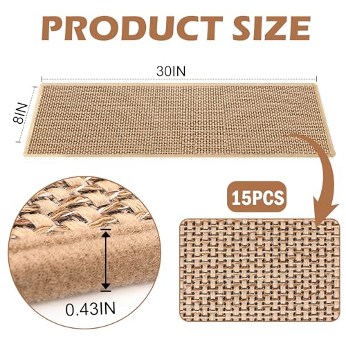 15PCS Stair Treads Non Slip, Linen Non-Slip Stair Treads for Wooden Steps Indoor,Stairs Carpet Landing Mat, 30\" x 8\" Stairs Resistant Indoor Skid Runner Safety Rugs for Kids Elders, Beige