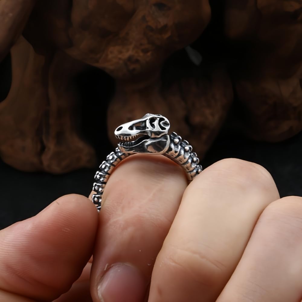 Vintage Schwarz 925 Sterling Silber Dinosaurier Skelett Ring für Herren Damen Verstellbarer Größe 58-63