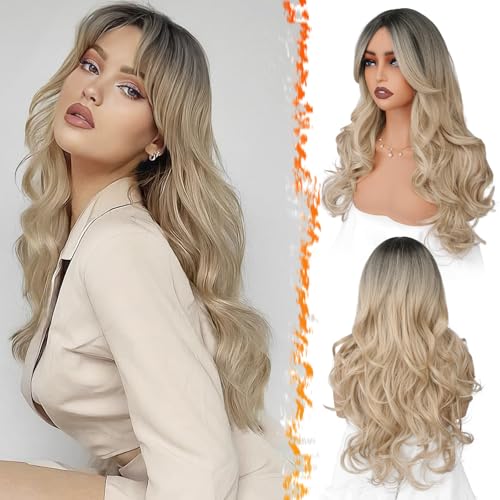 Novastel Long Blonde Wigs Human Hair with Curtain Bangs Wavy