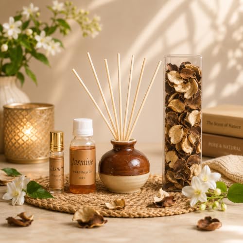 Image of AuraDecor Reed Diffuser Gift Set with Potpourri, Fragrance Oil & 6 Reed Sticks | Air Freshener for Living Room, Bedroom & Office | Decorative Aroma Diffuser Gift Set (Jasmine, X-Large)