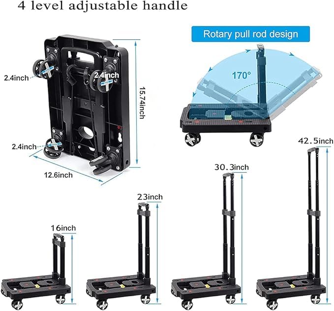 XINGHE Carro plegable de aluminio, capacidad de carga de 50 kg, correas tensoras integradas, con mango retráctil, ruedas grandes de marcha suave con banda de rodadura suave