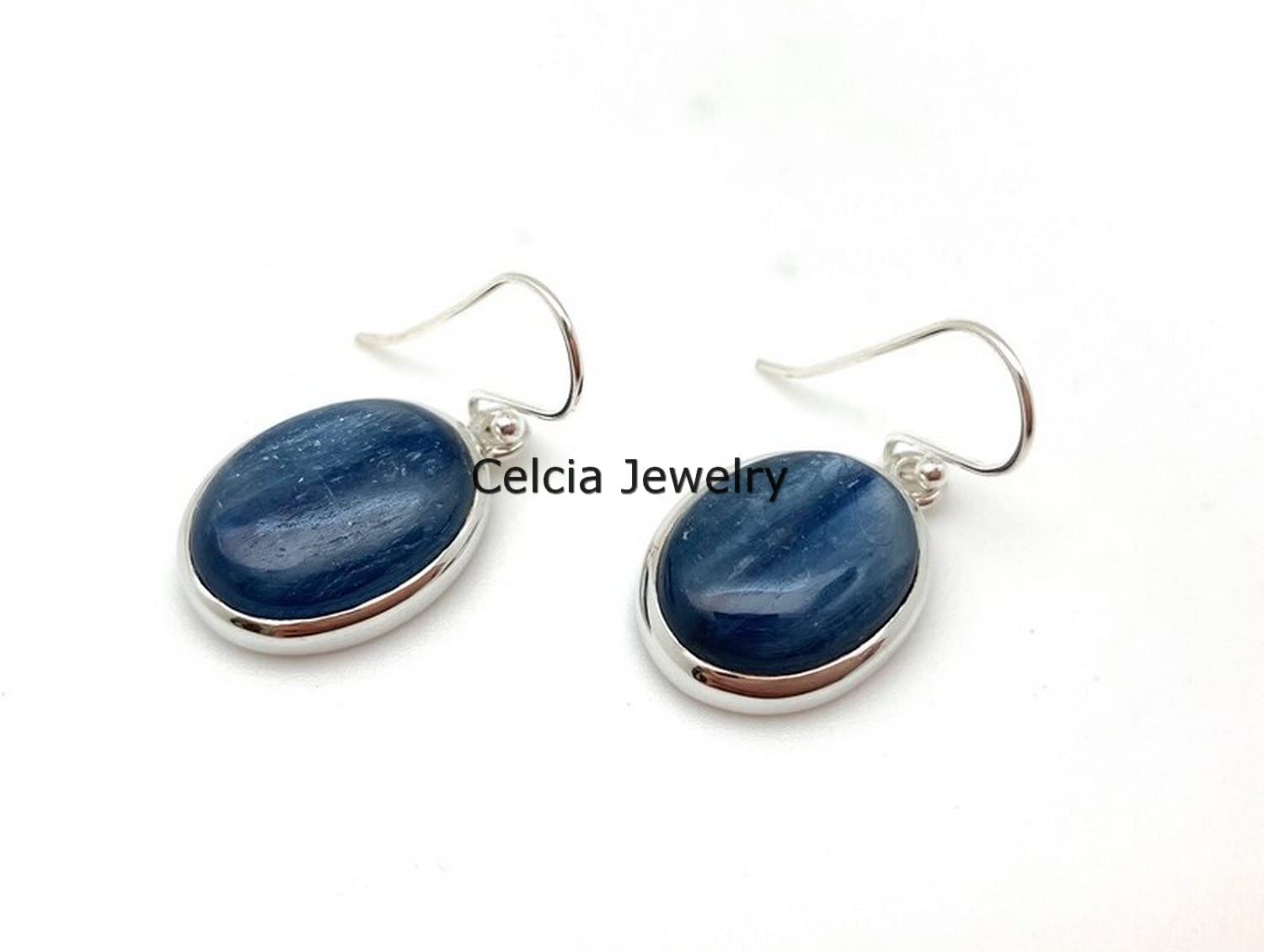 Pendientes colgantes de lágrima de plata de ley 925 auténtica para mujer, pendientes hechos a mano únicos de piedra preciosa azul ovalada de cianita natural para ella