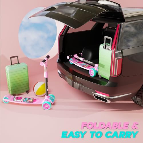 Image of Konex Kick Scooter for Kids (2+ Years) | 3 Broad Rubber Wheels for Smooth Ride | 4-Level Height Adjustable Handle | Foldable & Portable with Back Brake (Pink-Sea Green, ECO)
