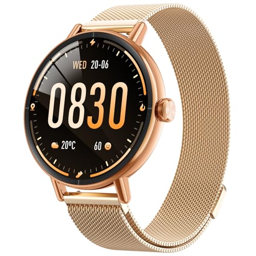 Image of Yoever Smart Watches for Women, 1.57 inch HD 43mm Fitness Tracker Answer /Make Call, Heart Rate /Sleep /SpO2, Round Smart Watch for iPhone /Samsung /Android, IP68 Waterproof, 110+ Sport Mode - Gold