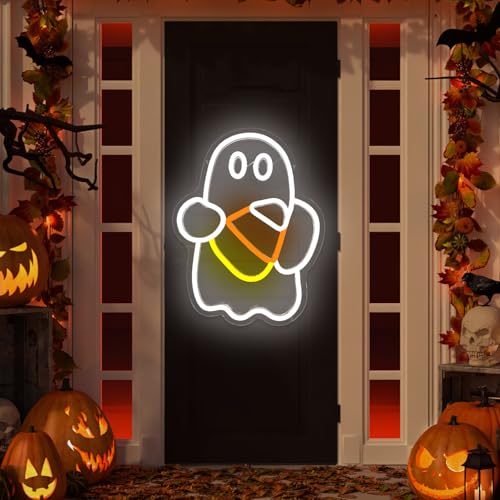 Image of Halloween Neon Sign Dimmable Candy Corn Neon Sign for Wall Decor Ghost Neon Window Light Sign Led Halloween Candy Corn Ghost Decoration for Indoor, Bedroom, Kids Room, Halloween Party, white