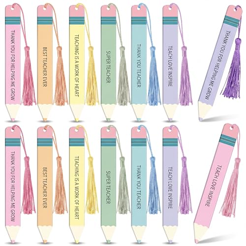 AmazingSpark 12 Pcs Teacher Appreciation Bookmarks Gifts Acrylic Pencil Creative Book Marks with Tassel Teacher Appreciation Theme Gifts for Women(Macarons)