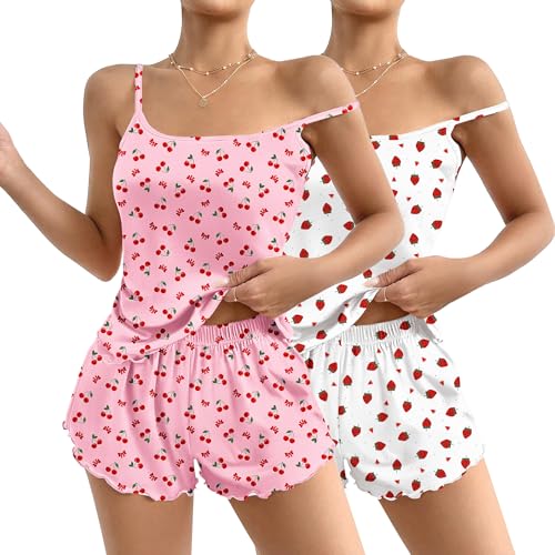 Image of Ekouaer 2 Pack Womens Cami Pajama Sets Cute Print Tank Top Pjs and Shorts Camisole Lounge Set