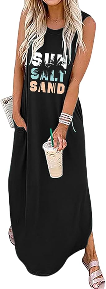 Womens Casual Rainbow Graphic Dress Sleeveless Pocket Maxi Dress Summer Hawaiian Beach Tank Dress Plain Shirt Dress