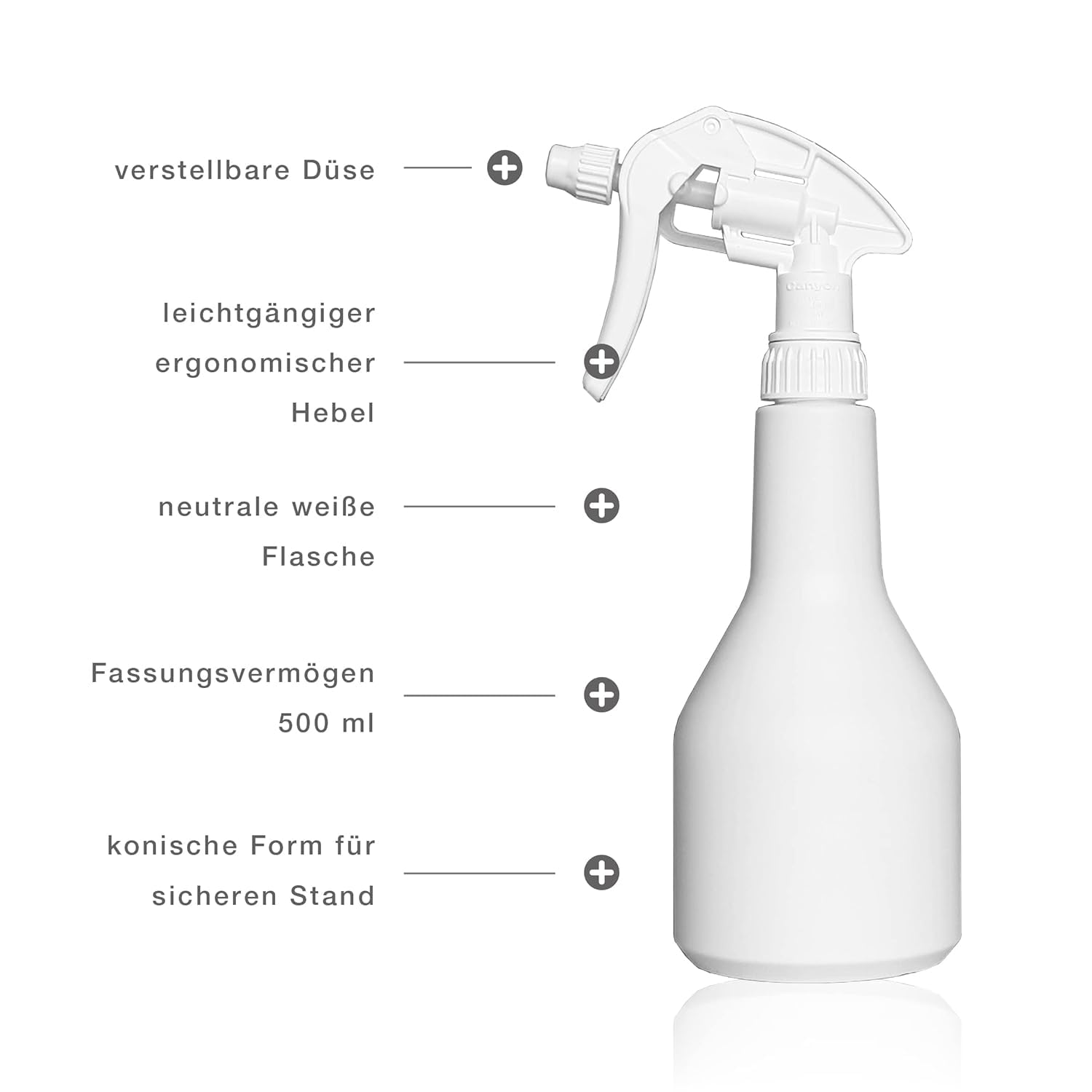 1 spruzzatore vuoto da 500 ml, resistente agli agenti chimici, con testina spray Canyon CHS 3A, bottiglia HDPE a forma di mazza, flacone spray professionale per la pulizia di laboratorio