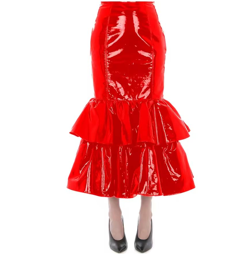 YGZHANYUANOKU Faldas de tubo entalladas para mujer, estilo gótico, punk, cintura alta, de piel de PVC, volantes de doble cubierta, personalizables, rosso, XXL