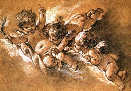 Carteles retro Tre putti tra le nuvole: transforme su salón con esta pintura mural de 60x90cm