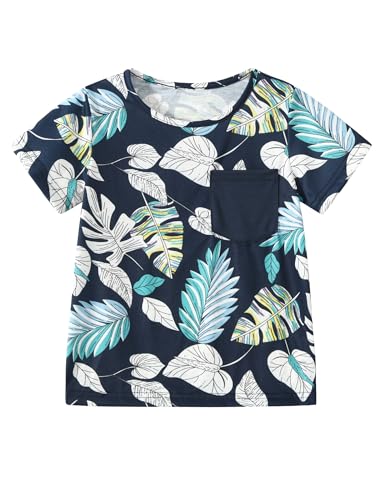 Image of Boy Shorts Sets Summer Hawaii Outfit Palm Print Short Sleeve T-Shirt and Drawstring Cotton Shorts with Pockets