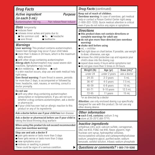 Image of Amazon Basic Care Children's Pain Reliever and Fever Reducer, Acetaminophen 160 mg per 5 ml, Bubblegum Flavor, for Headache and Sore Throat, Ages 2-11 Years, 4 fl oz (Pack of 2)