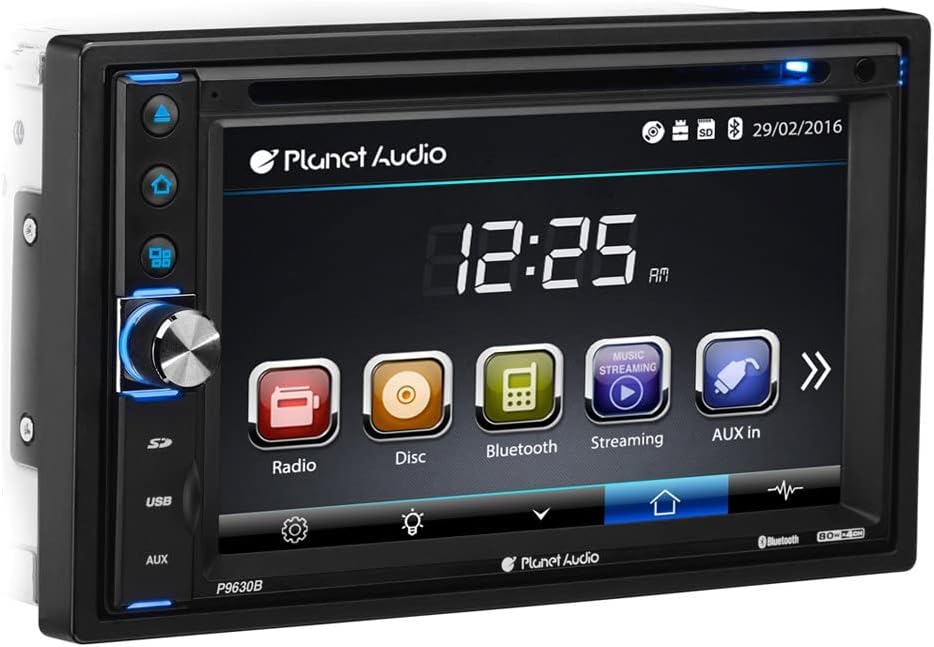Planet Audio P9630B Car DVD Player – Double Din, Bluetooth Audio and Hands-Free Calling, 6.2 Inch LCD Touchscreen Monitor, MP3 Player, CD, DVD, WMA, USB, SD, AUX In, AM/FM Radio Receiver