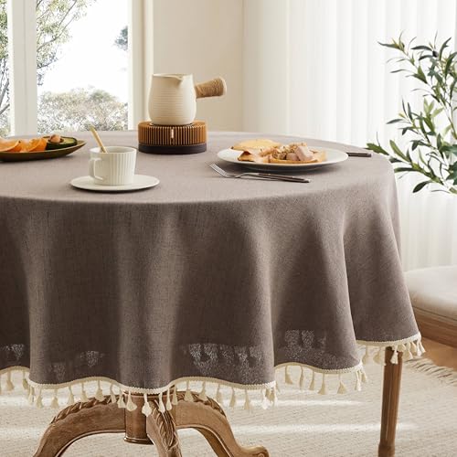 YZJZEDS Tassel Linen Round Table Cloth, Cocoa Brown 52 Inch