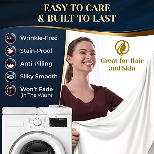 Decolure Satin Sheet Queen Set 4Pcs - Luxurious & Genuine Silk Feel Satin Sheets Queen - Elegant & All-Season Silky Soft Queen Size Satin Bed Sheets - Comfy & Wrinkle-Free White Satin Bed Set (White) #TOP3