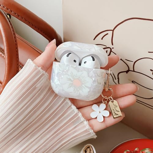Image of MINSCOSE for Glitter AirPods 4 Clear Case,Cute Cartoon Shell Pattern Aesthetics Design with Girly Floral Keychain,Soft TPU Protective Cover with Cleaner Kit for Girls Women for AirPods 4-White