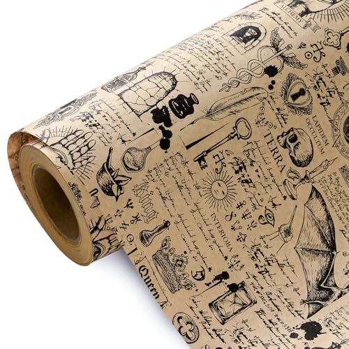 WRAPAHOLIC Kraft Gothic Wrapping Paper - Mini Roll - 17 Inch x 16.5 Feet - Vintage Medical Wrapping Paper for Halloween Deco Birthday Gift Wrap