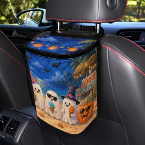 Image of Talayituse Beach Ghost Pumpkin Bat Print Car Trash Can with Lid, Leak Proof Auto Trash Bag Hanging Vehicle Garbage Can Multipurpose Storage Container for Back Seat Road Trip Halloween Decor