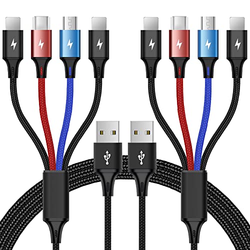 Multi Charging Cable 2Pack 4FT 4 in 1 Nylon Braided Multiple USB Fast Charger Cord Adapter Type C Micro USB Port Connectors USB Cable Compatible Cell Phones Tablets and More