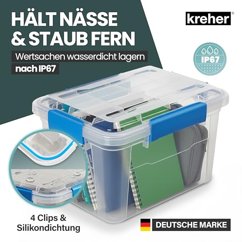 Kreher® Aufbewahrungsbox 18 Liter mit Deckel – wasserdicht & staubdicht, transparent & stapelbar, BPA- & schadstofffrei, robuste Kunststoffbox mit Silikondichtung & 4 Clips (2, 18 Liter)