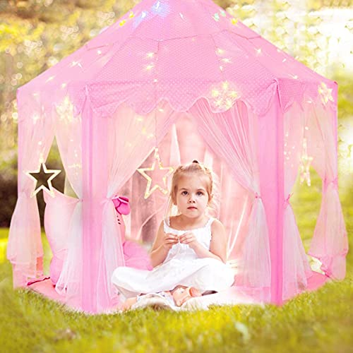 Image of BabyGo Kids Prince Princess Castle Tent for Kids | Theme Play Tent with Mosquito Net | Indoor Outdoor Playhouse | Lighting Tent House for Boys & Girls | 2-12 Years | (Pink)