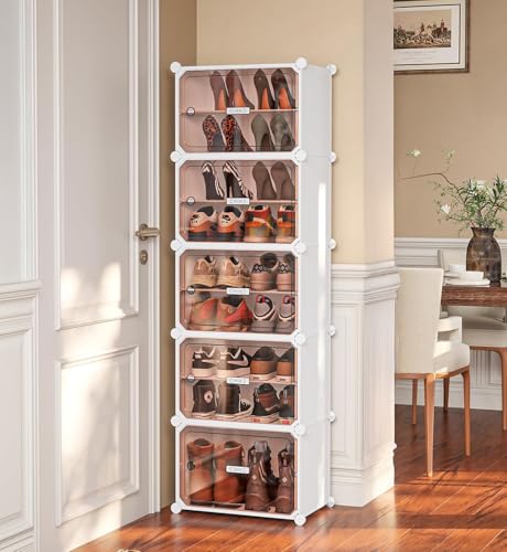 Image of Plastic Shoe Rack for Home | 10 Shelf DIY Shoe Rack with Door for Home Storage Plastic Box Organizer, Metal Door Frame, Chappal Slipper Sandals Stand (White, 10 Shelf)