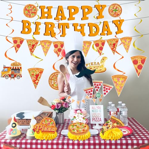 Image of Pizza Birthday Party Decorations, Happy Birthday Banners Hanging Swirls and Honeycomb Centerpieces Decor, Pizza Themed Ceiling Table Decoration Supplies