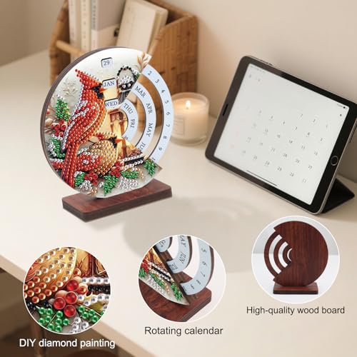 Image of AiYuanzsh Diamond Art Tabletop Perpetual Calendar, 3D DIY Wooden Desk Ornament with Red Cardinal Bird Design, Sparkling Diamond Painting Kit for Christmas Desktop Decoration