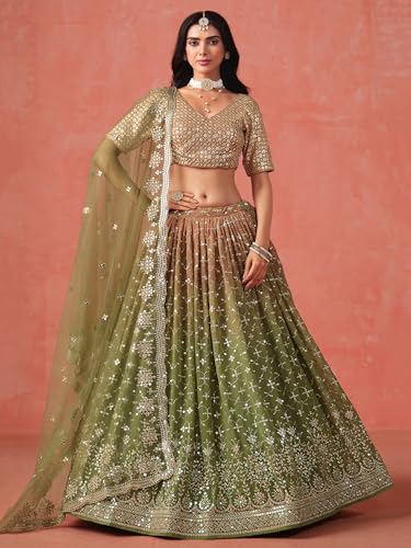 Image of Zeel Clothing Women Georgette Semi stitched Sequins Zari Embroidered Lehenga Choli With Dupatta (7086-Latest, Free size)