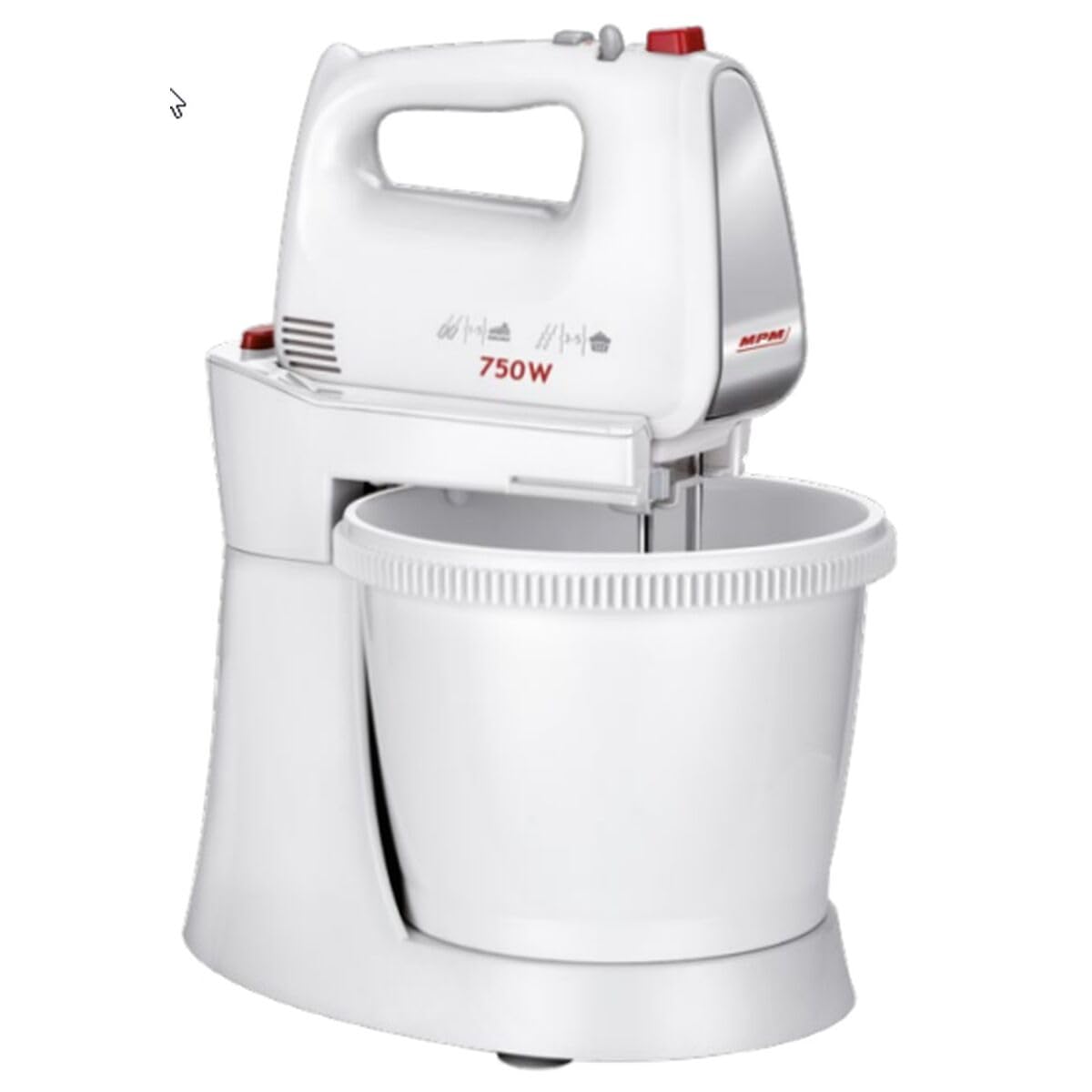 MPM MMR-20Z Mélangeur à Pâtisserie avec Bol Rotative 3L, sans BPA, Robot Pâtissier Boulangerie Cuisine, 5 Vitesses + Turbo, Tiges et Crochet Pétrisseur en Acier Inoxydable, Blanc, 750W