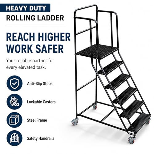 Image of 6 Step Rolling Ladder with Handrails, 880 lbs Capacity Heavy Duty Steel Mobile Warehouse Ladder with Locking Wheels, Non-Slip Rolling Stairs with Large Platform for Garage, Stockroom, Library