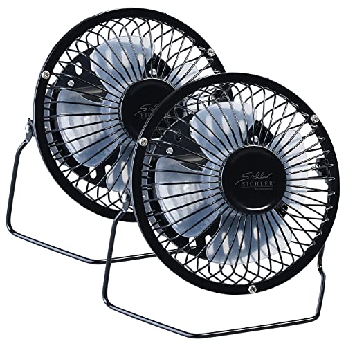 Sichler Haushaltsgeräte Minilüfter: 2er-Set Mini-Akku-Tischventilatoren, Vollmetall, 360° neigbar, Ø 10 cm (Ventilator für unterwegs, Auto-Ventilator Akku, Kühl)