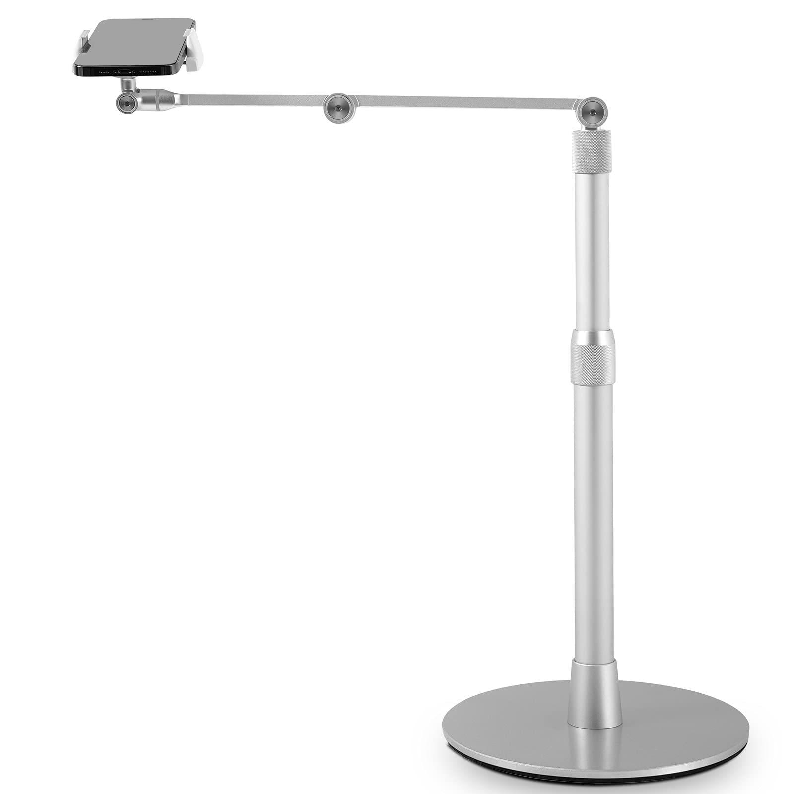 SupeDesk Phone Overhead Stand, Upgarde Cell Phone/Tablet Holder, Multiangle, 3-Part Adujustable,Horizontal Record,Compatible with 3.5-11" Cellphone/Tablet/iPad/iPhone, Silver