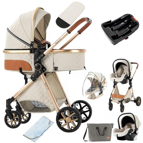 Image of 3 in 1 Baby Travel System Reversible Stroller Pushchair Portable Standard Pram Buggy Baby Carriage Foldable Luxury High Landscape Pram for Toddler Newborn (UDV9-WHITE with Base)