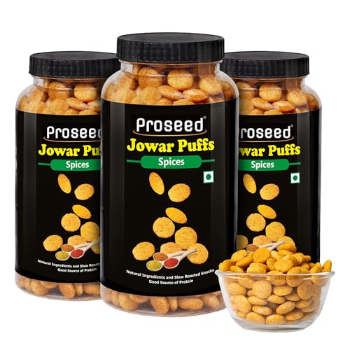 Image of Proseed Jowar Puffs (Spices) | 150g x 3 Packs (Total 450g) | Slow Roasted & 100% Veg | No Refined Flour, Sugar & Trans-Fat | Gluten Free | No Palm Oil | Healthy Travel Friendly Millet Snacks