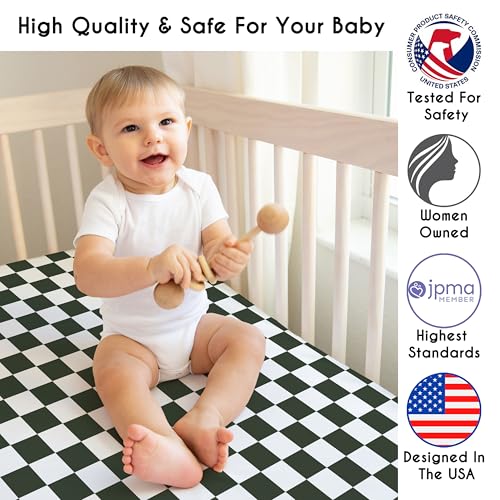 Image of Sweet Jojo Designs Fitted Baby Crib Sheets (Green Gingham Checkered) for Boys or Girls, Infant Nursery, Toddler Room - Standard Size (Gender Neutral, Plaid, Vintage, Modern, Check, Unisex, Sage White)