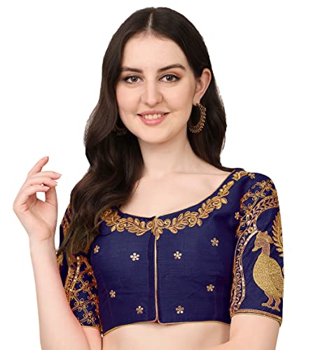 Image of Pujia Mills Women's Phantom Silk Embroidery Handwork & Sequin Work Peacock Design Half Sleeve Readymade Blouse (Mor Blouse Gold 38 Size+Margin)