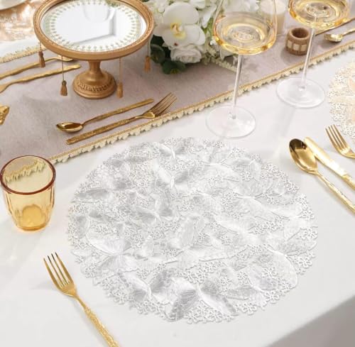 Image of HomeCloud PVC Material Round Shape Table Mat, Dining Table Mat,Table Placemats, Round Mats,Best for Bed-Side Table /Center Table, Dining Table /Shelves (Butterfly Silver, Set of 1)