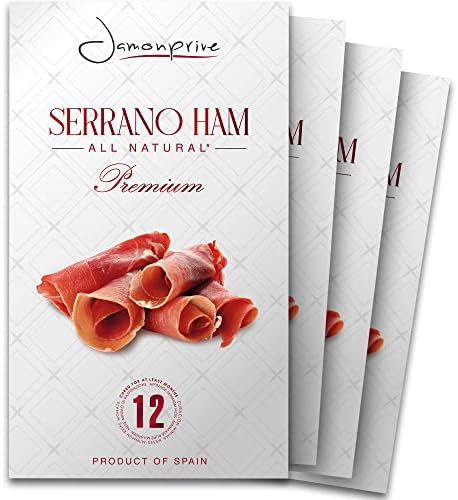 Premium Serrano Ham Sliced Cured - Spanish Jamon Serrano All Natural with NO Nitrates or Nitrites, GMO Free and Gluten Free. (3 oz Each, Pack of 4 Units)