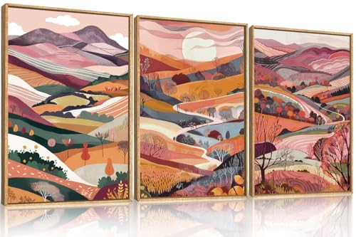 Image of KAIRNE Boho Colorful Mountain Framed Canvas Wall Art Set,Abstract Pink Landscape Wall Decor,Watercolor Forest Art Prints,Nature Scenery Artwork for Living Room,Bedroom,Farmhouse,Office-16 x24 x3