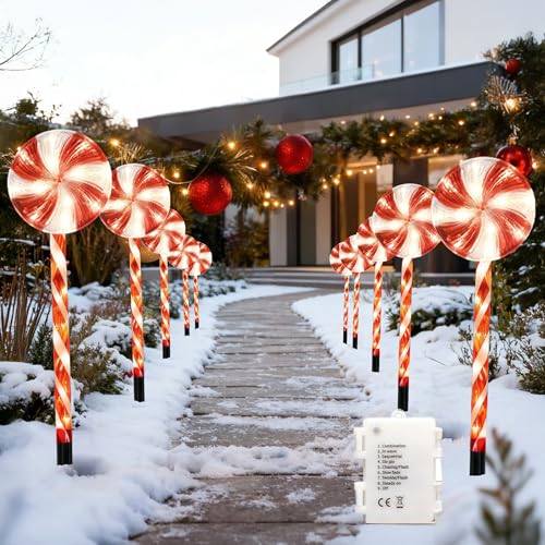 4 Pieces Red Lollipop Christmas Pathway Lights 63cm, Candy Cane Stakes Battery Operated, Garden Outdoor Christmas Decorations Patio Pathway Drive Way Lights