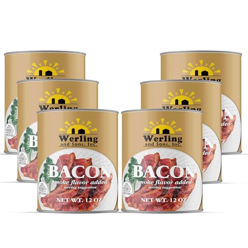 Image of Werling Fully Cooked Canned Bacon 12 oz - Ready to Eat Smoked Bacon, Shelf Stable up to 5 Years, Long-Term Food Storage, Emergency Survival Food, Camping & Hiking Meals, Pantry Staple, No Refrigeration Required, Canned Meat, Pack of 6
