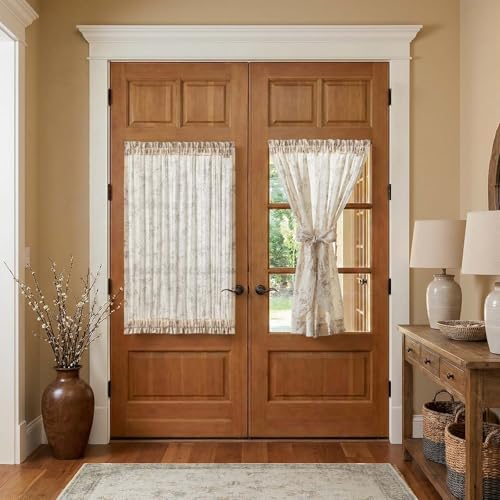 Image of jinchan Floral French Door Curtain Panel Farmhouse Decor Light Filtering Linen with Tie Up Bow for Glass Door or Patio 40 Inch Length Rod Pocket 1 Panel Taupe on Linen
